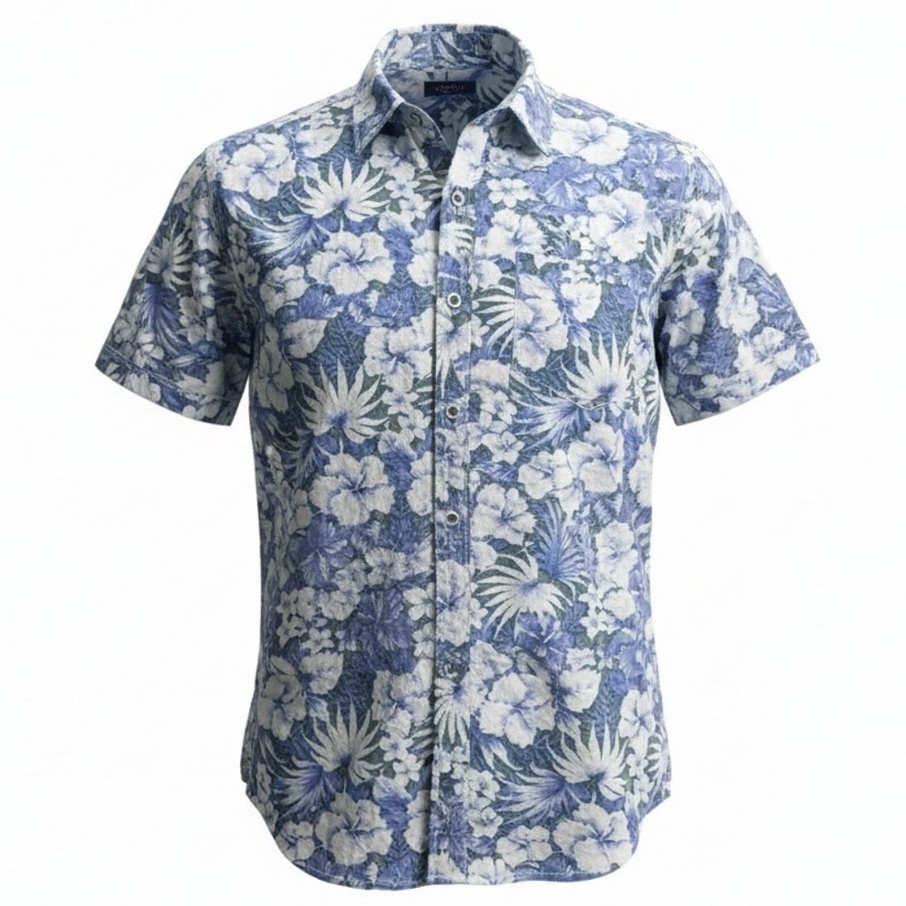Dirty Laundry Mens Medium Blue White Floral Tropical Hibiscus Cotton Shirt‎ SS